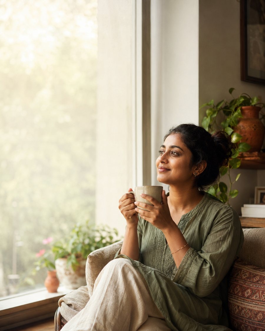 Calm person feeling supported during an online therapy session with Unfazed